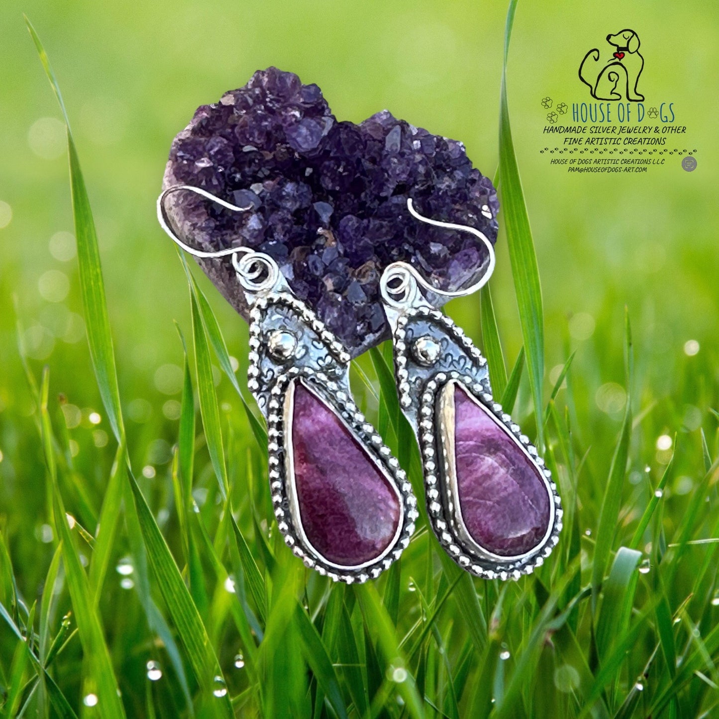 Tear Shaped Purpurite Sterling Silver Earrings. (614)