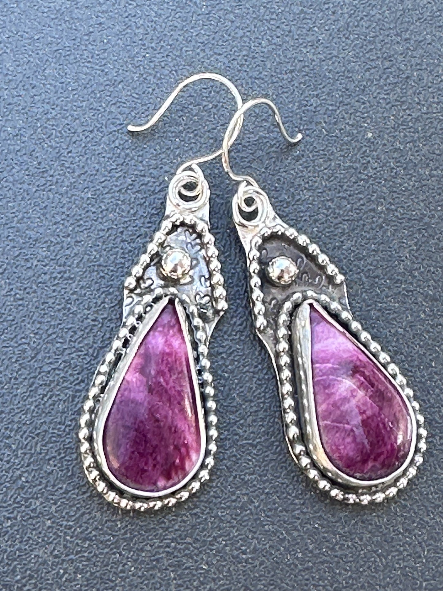 Tear Shaped Purpurite Sterling Silver Earrings. (614)