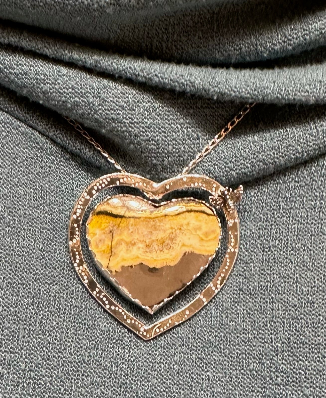 💛 Floating Heart Pendant – Bumble Bee Jasper in Sterling Silver with Butterfly Accent