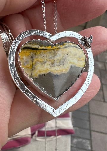 💛 Floating Heart Pendant – Bumble Bee Jasper in Sterling Silver with Butterfly Accent