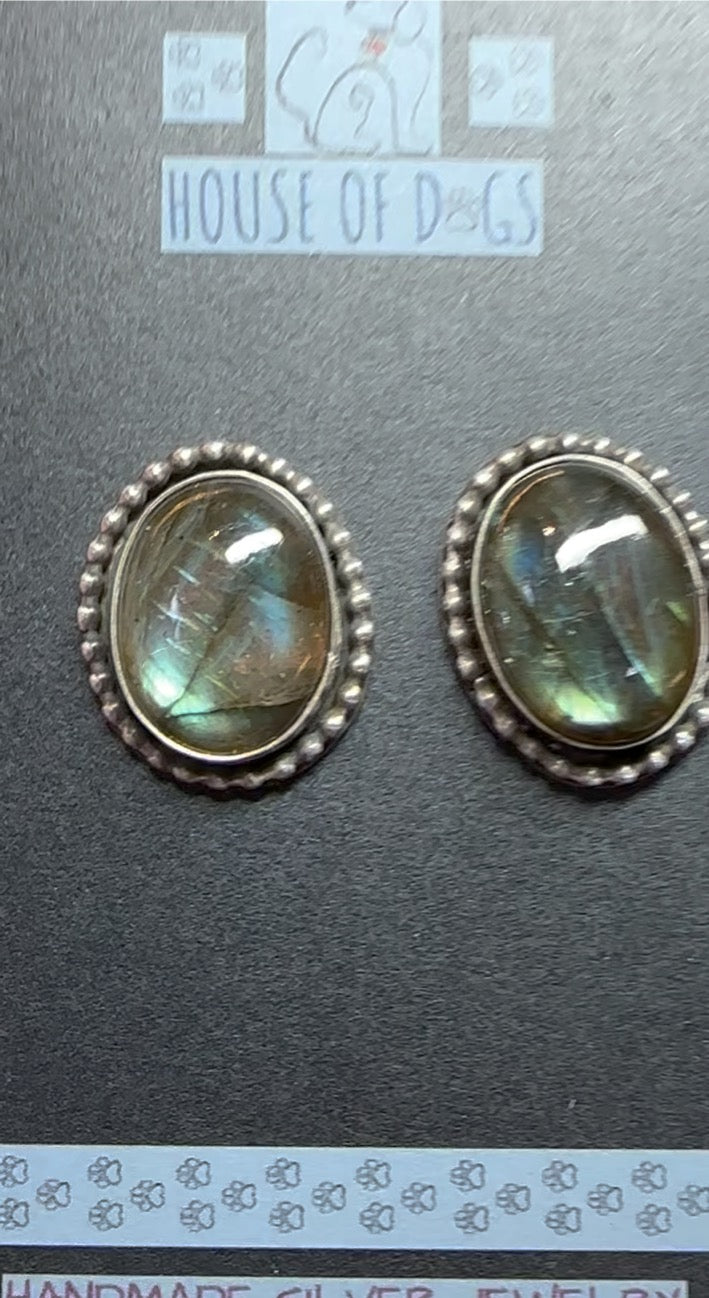 Oval Labradorite Earrings with sterling beading
