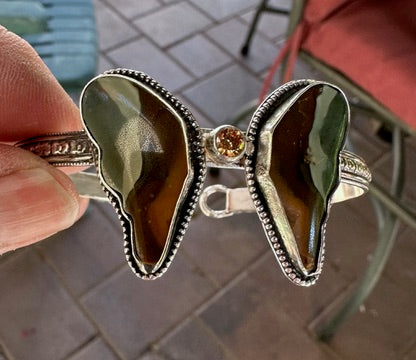 Beautiful Agate Butterfly and CZ Sterling Silver Cuff (1075)