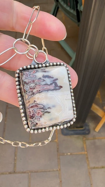 Crazy Lace Agate Statement Necklace with PaperClip Chain