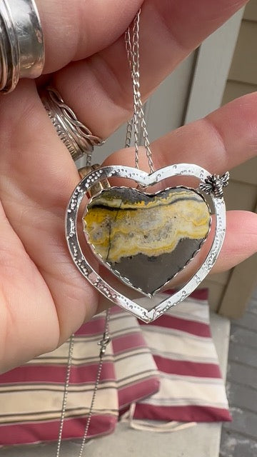 💛 Floating Heart Pendant – Bumble Bee Jasper in Sterling Silver with Butterfly Accent