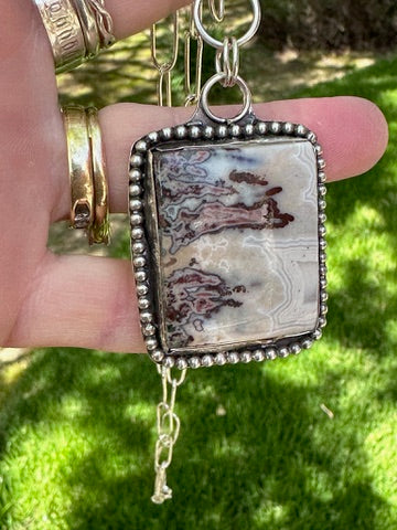 Crazy Lace Agate Statement Necklace with PaperClip Chain
