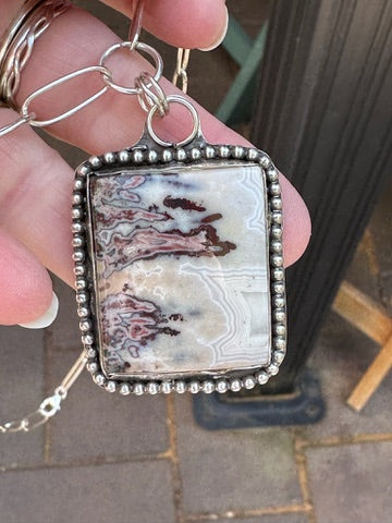 Crazy Lace Agate Statement Necklace with PaperClip Chain