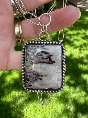 Crazy Lace Agate Statement Necklace with PaperClip Chain