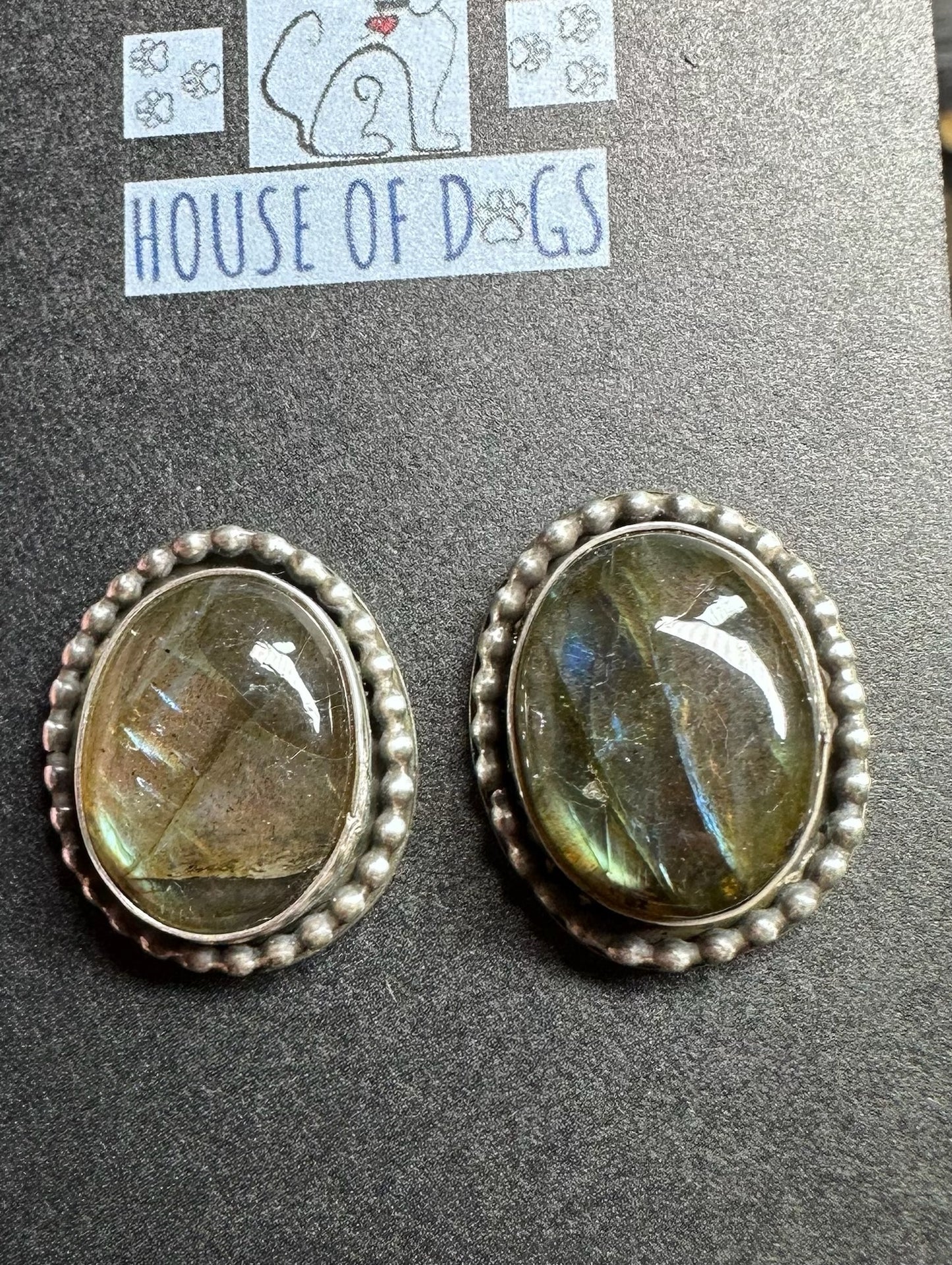Oval Labradorite Earrings with sterling beading