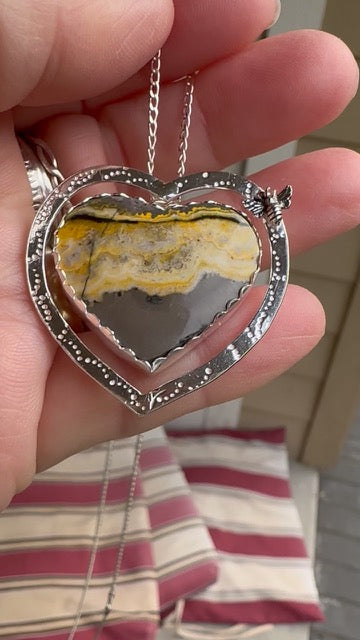 💛 Floating Heart Pendant – Bumble Bee Jasper in Sterling Silver with Butterfly Accent