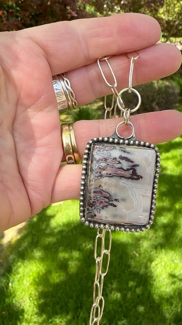Crazy Lace Agate Statement Necklace with PaperClip Chain