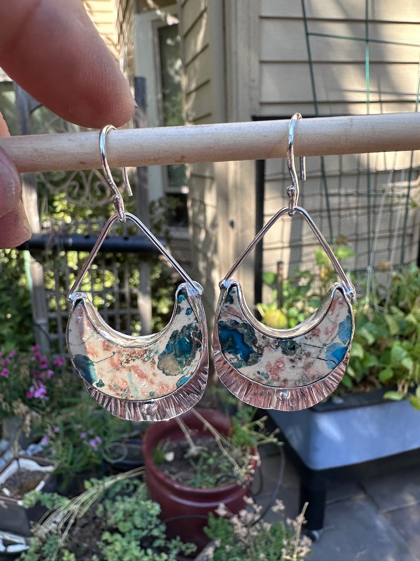 ✨ Sediment Half Moon Earrings with Ruffle Skirt – Sterling Silver, Emerald Accents & Hand-Stamped Hearts