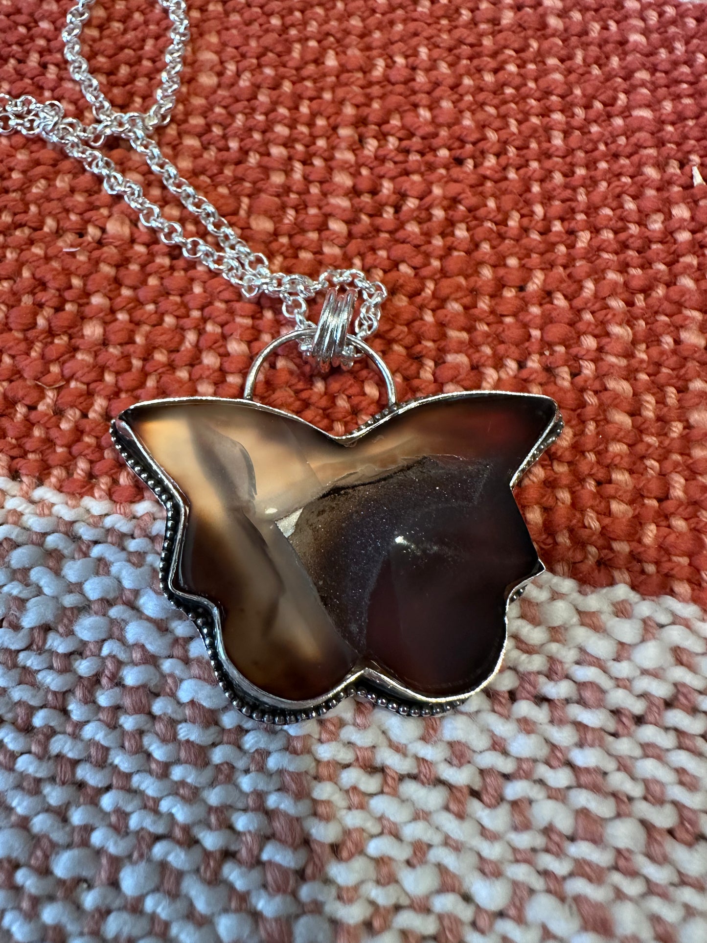 š¦ Druzy Agate Butterfly Pendant ā Sterling Silver Beaded Frame (1038)