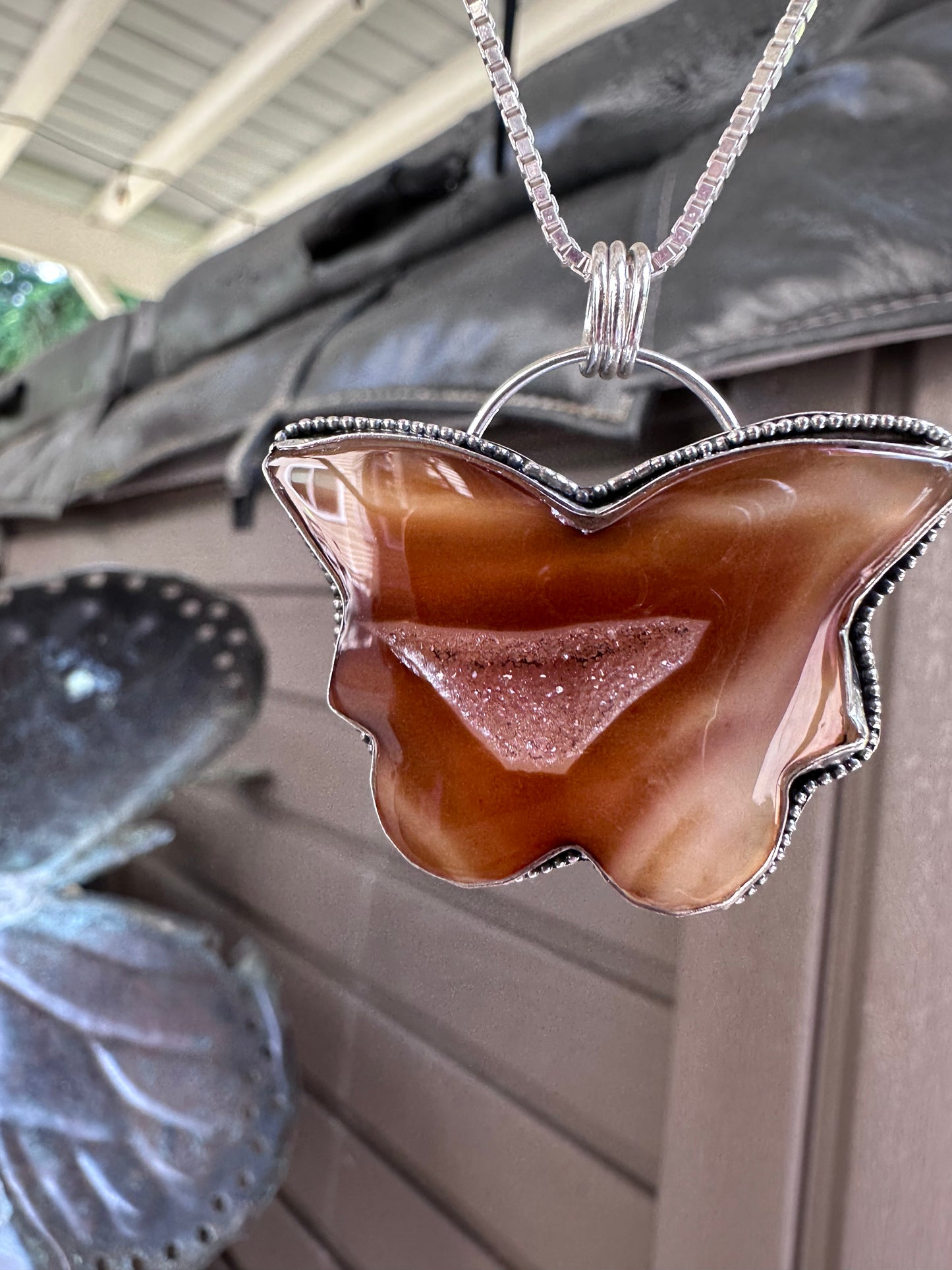 š¦ Druzy Agate Butterfly Pendant ā Sterling Silver Beaded Frame (1038)
