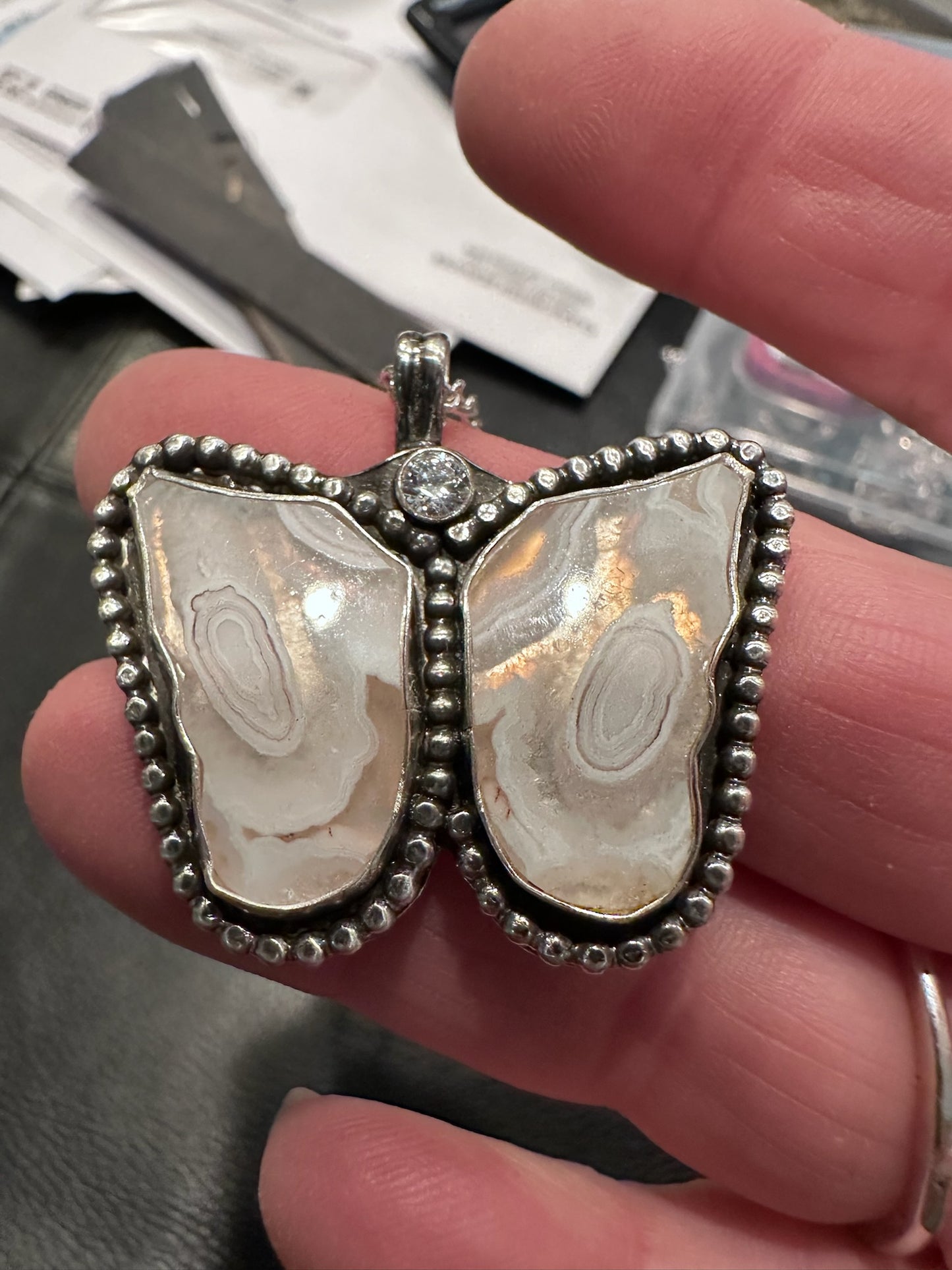🦋 Lace Agate Butterfly Pendant – Sterling Silver Surround & Symbolic Nature Jewelry (1048)