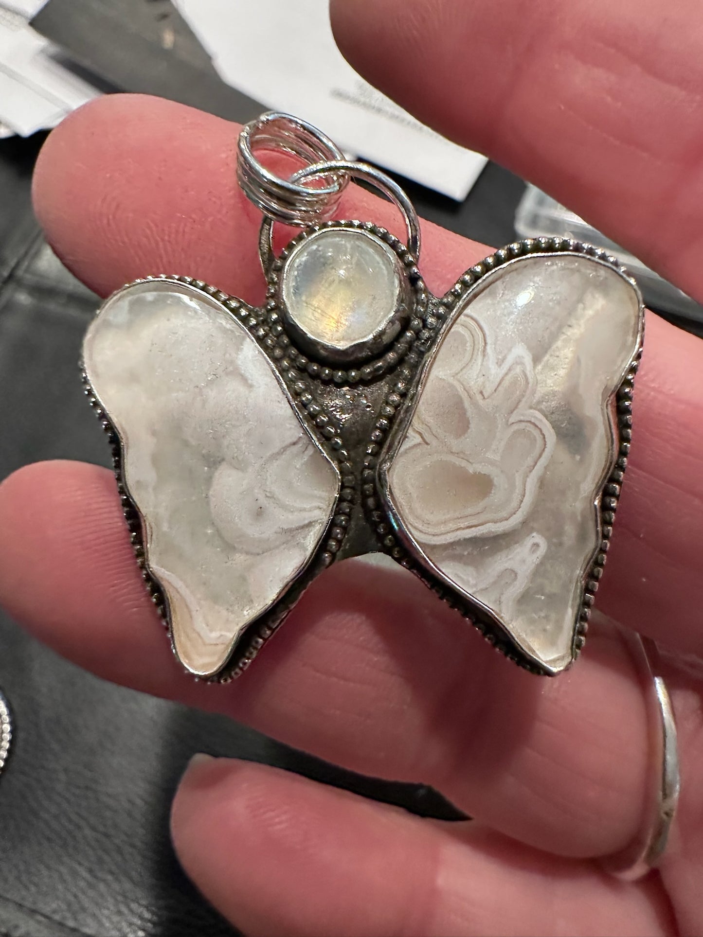 🦋 Lace Agate Butterfly Pendant – Sterling Silver Surround & Symbolic Elegance (1049)