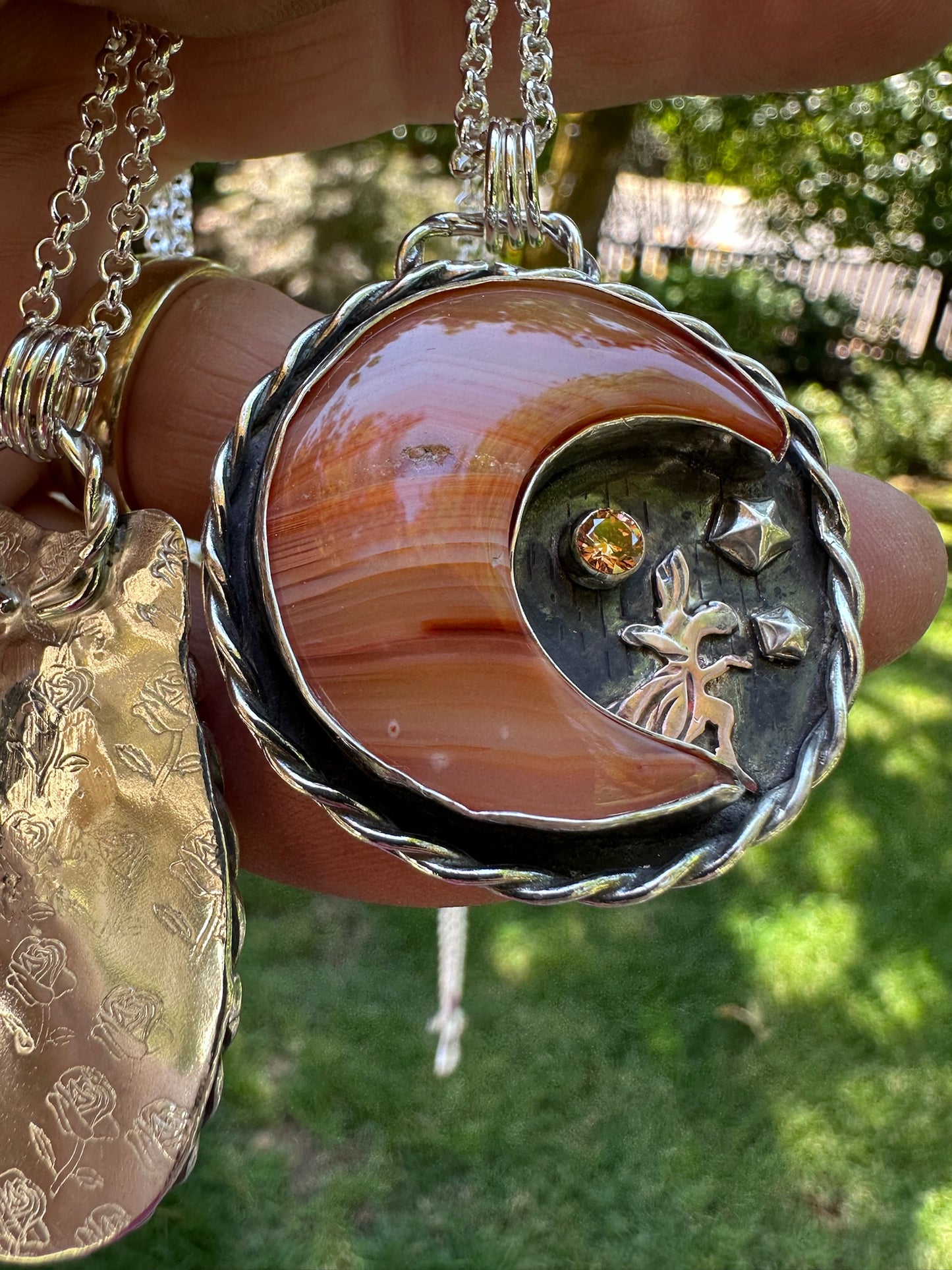 🌙 Angel Blowing Stars on Crescent Agate Moon – Handcrafted Sterling Silver Pendant with CZ Sparkle