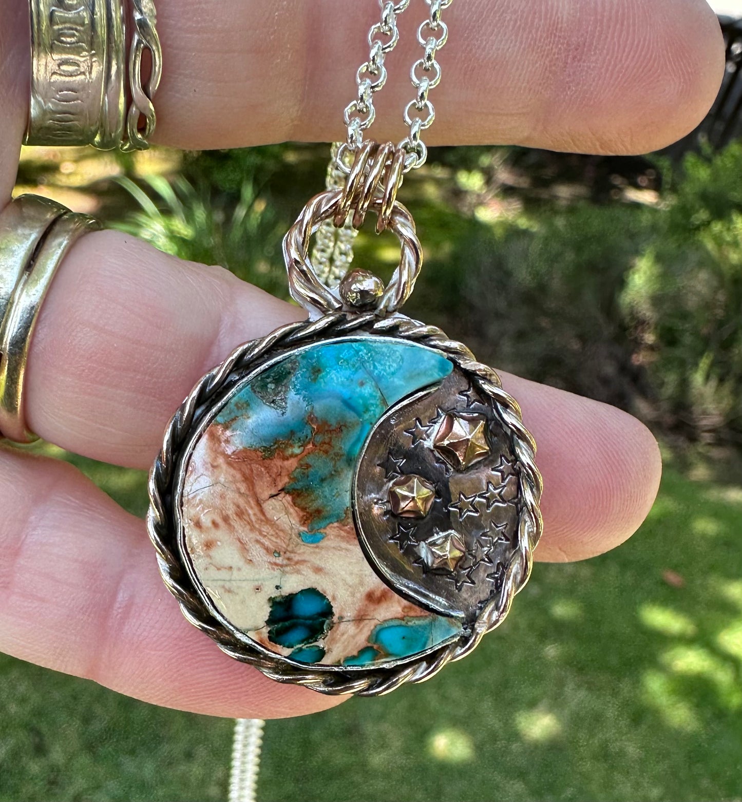 Split Moon Pendant – Sediment Stone & Celestial Metalwork in Sterling Silver (1099)