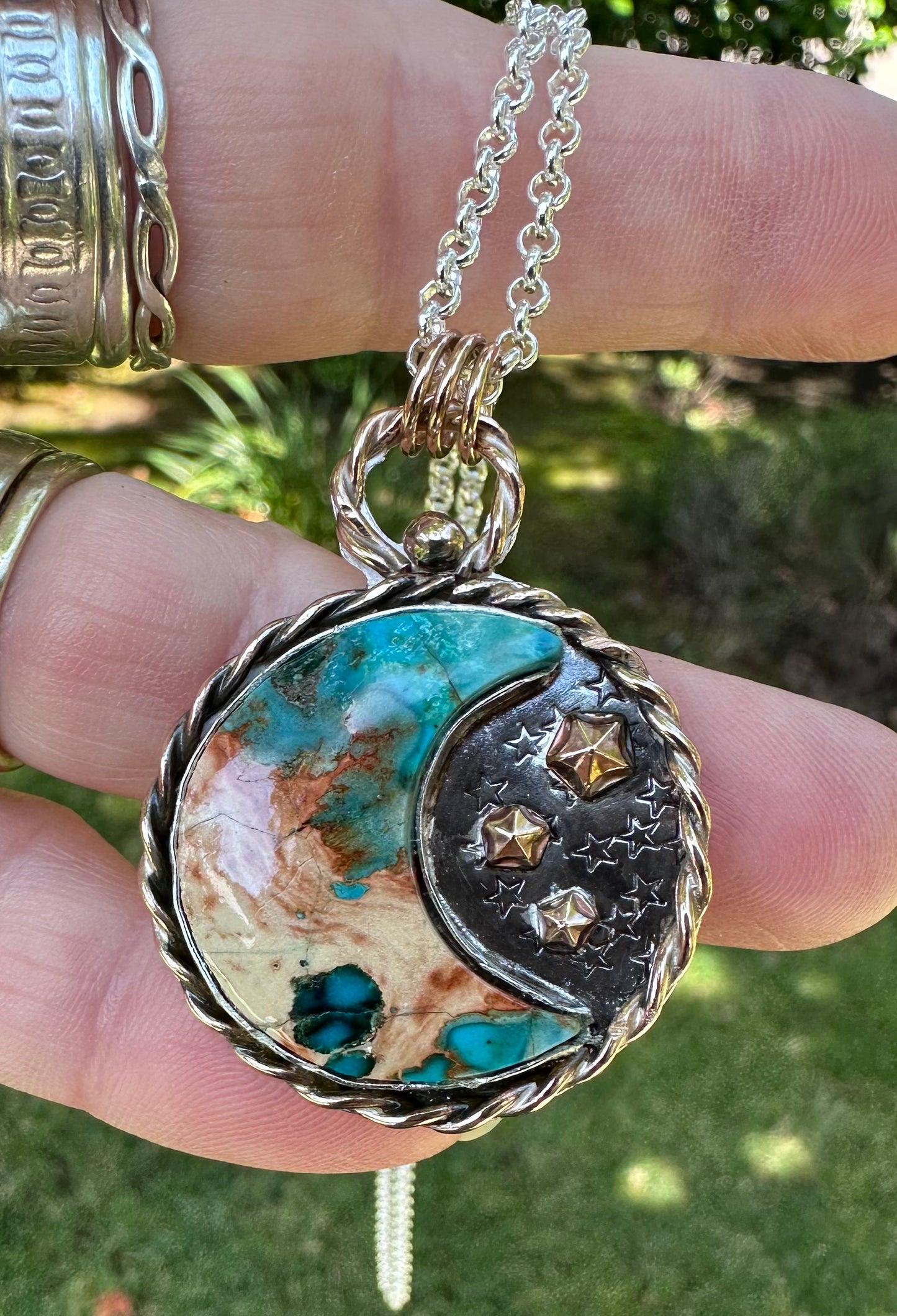 Split Moon Pendant – Sediment Stone & Celestial Metalwork in Sterling Silver (1099)