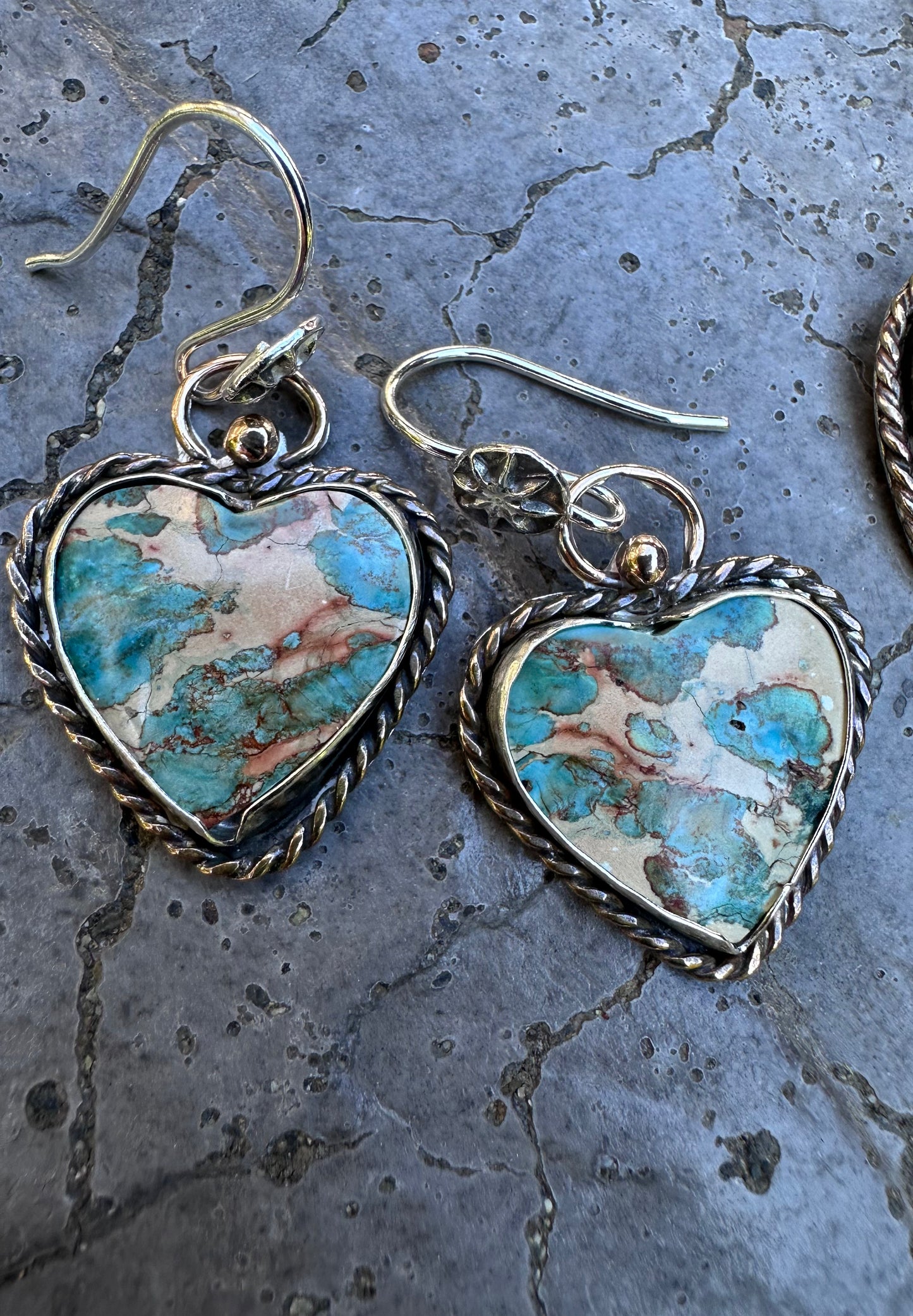 💎 Heart of Earth Earrings – Sediment Stone Hearts with Red Brass & Sterling Silver (1104)