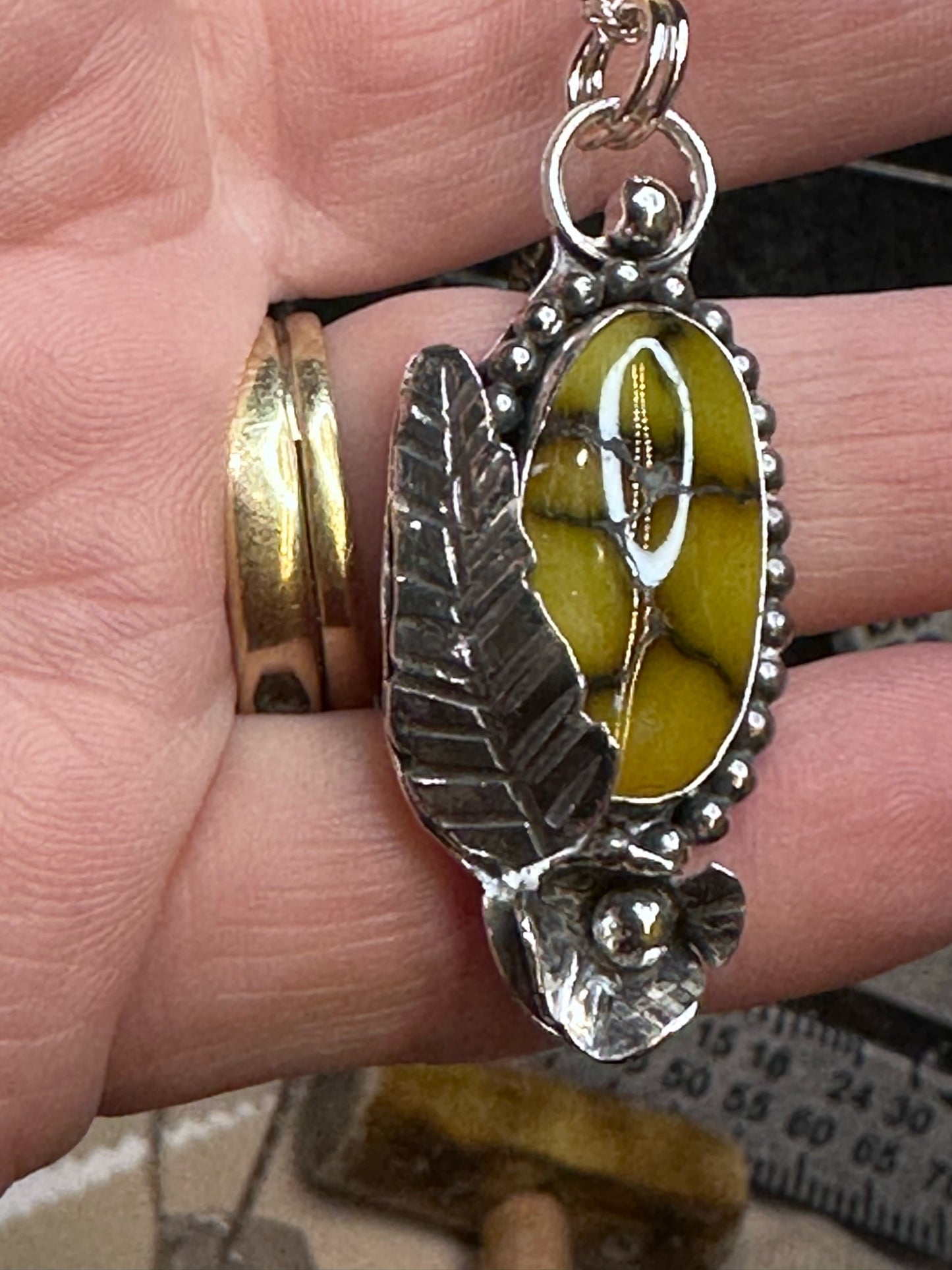 Turquoise - Beautiful Turquoise Pendant with Sterling Silver Beading, Leaves and Flower