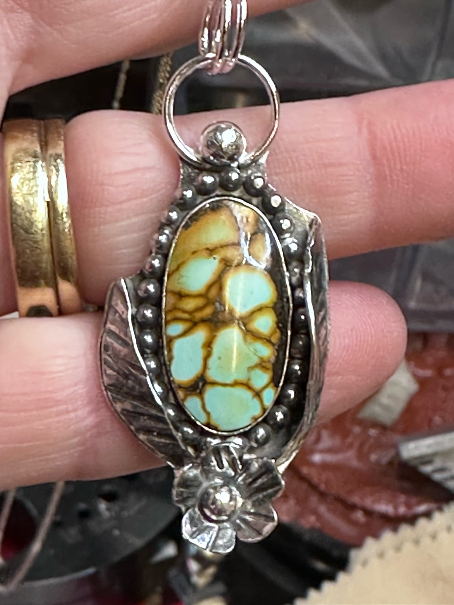Turquoise - Beautiful Turquoise Pendant with Sterling Silver Beading, Leaves and Flower