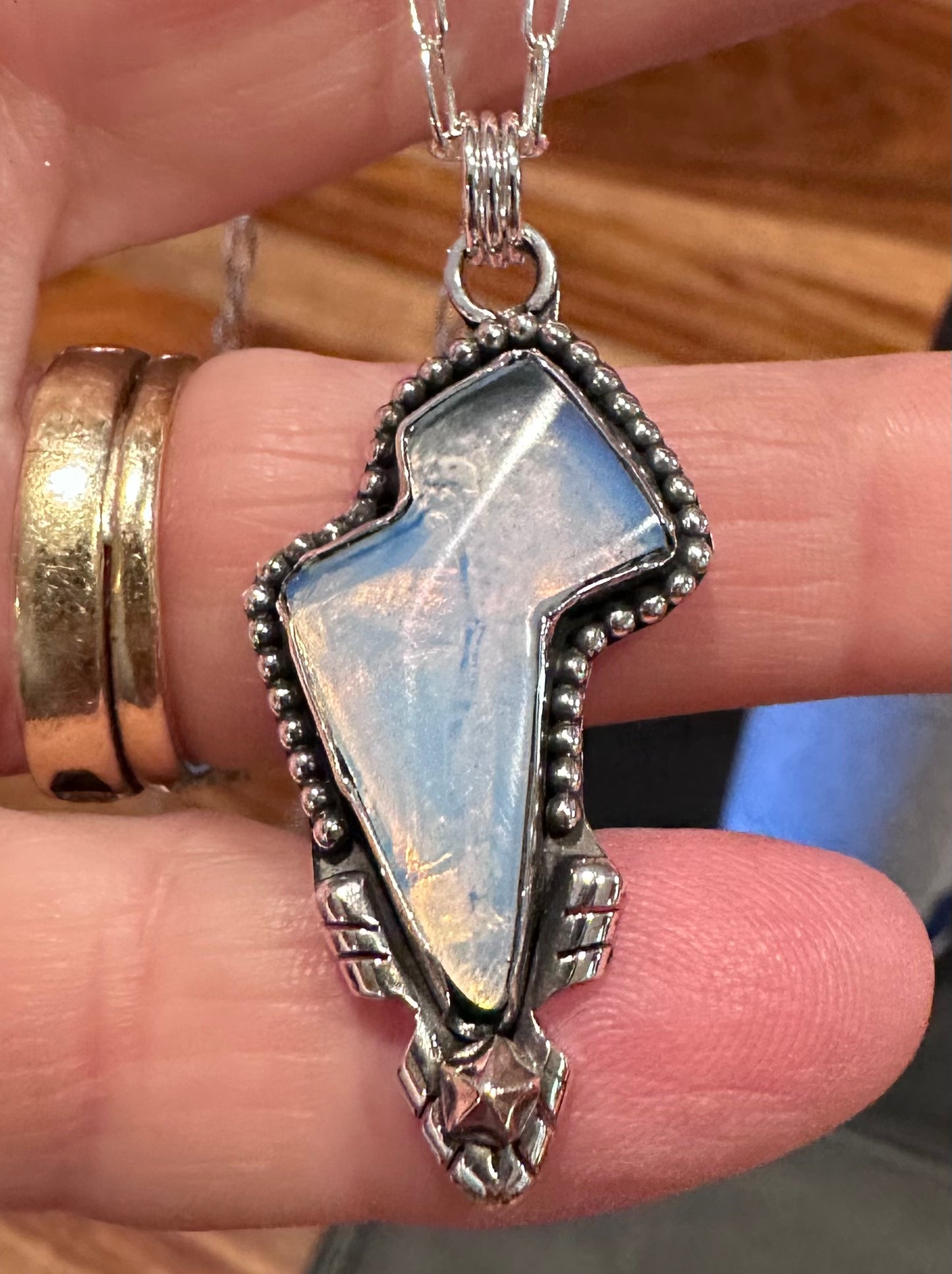 ⚡Opalite Lightning Bolt Necklace – Sterling Silver & Iridescent Glow (1139)
