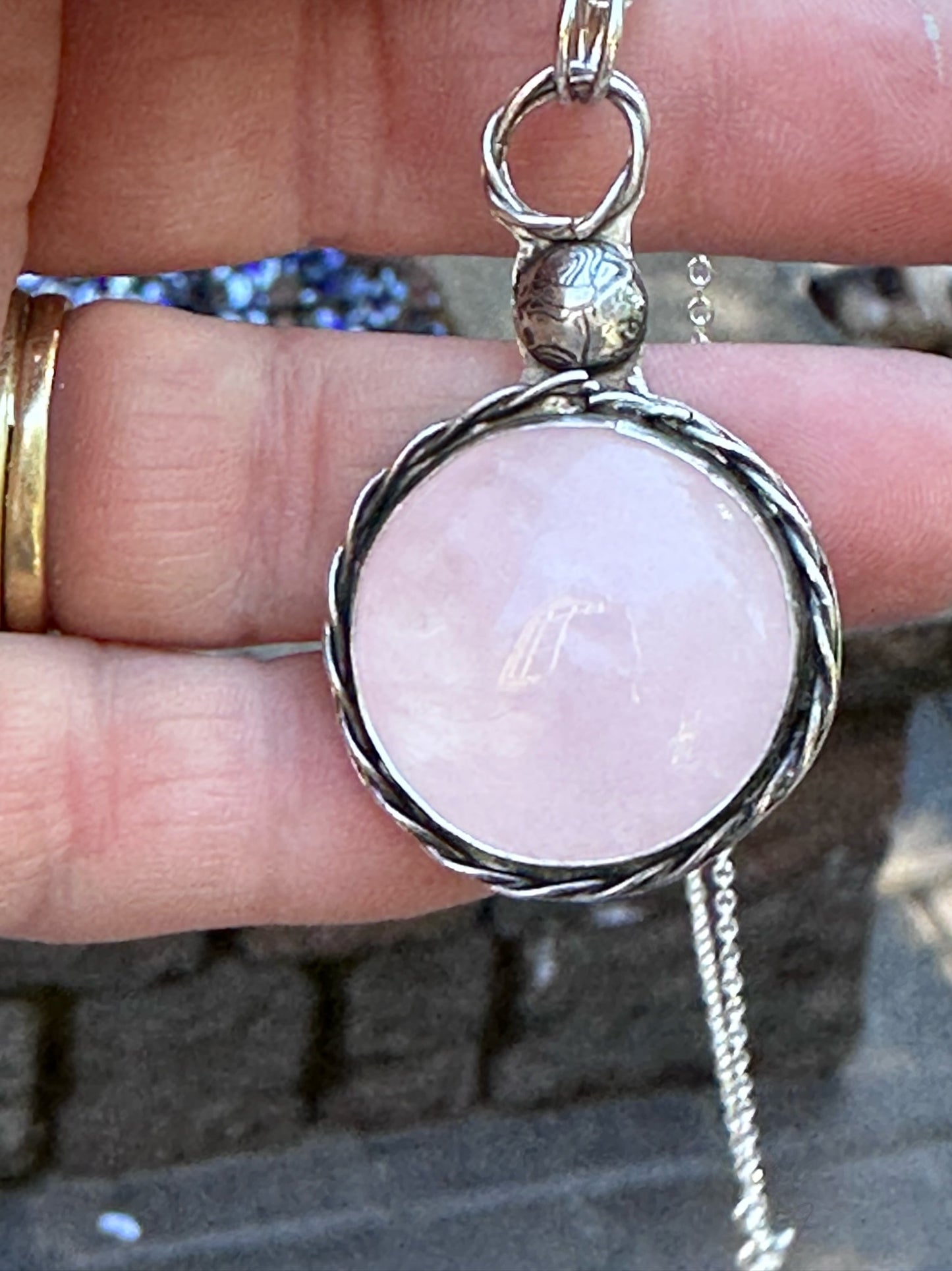 Rose Quartz - Lovely Round Rose Quartz with Rose. Pendant