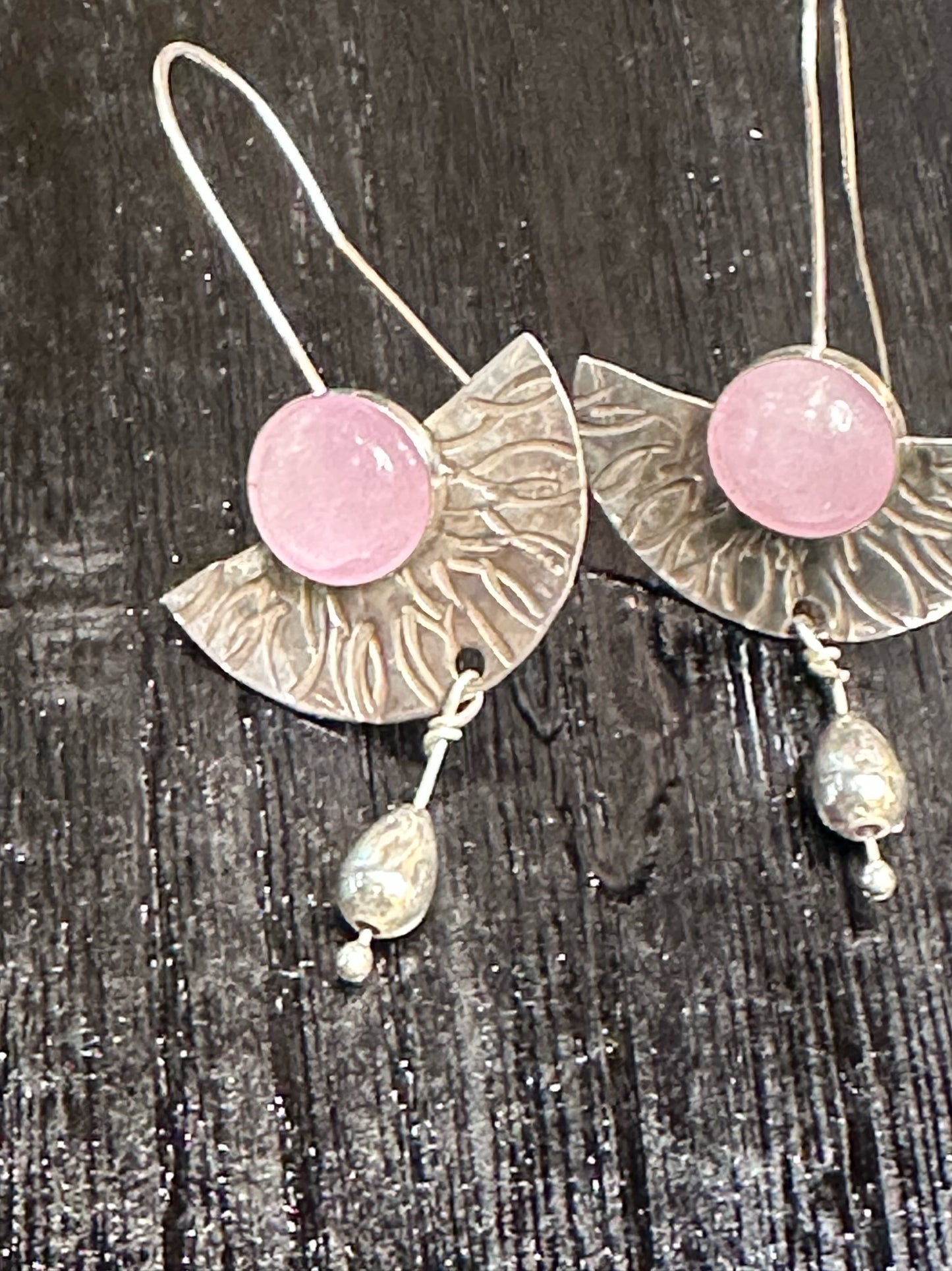 Rose Quartz - Hammered Fan Rose Quartz earrings with Silver drops