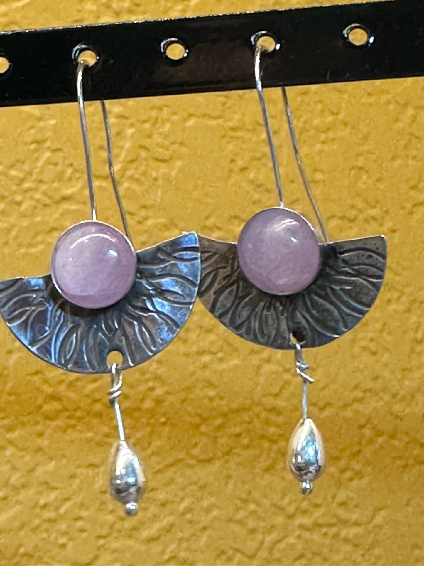 Rose Quartz - Hammered Fan Rose Quartz earrings with Silver drops