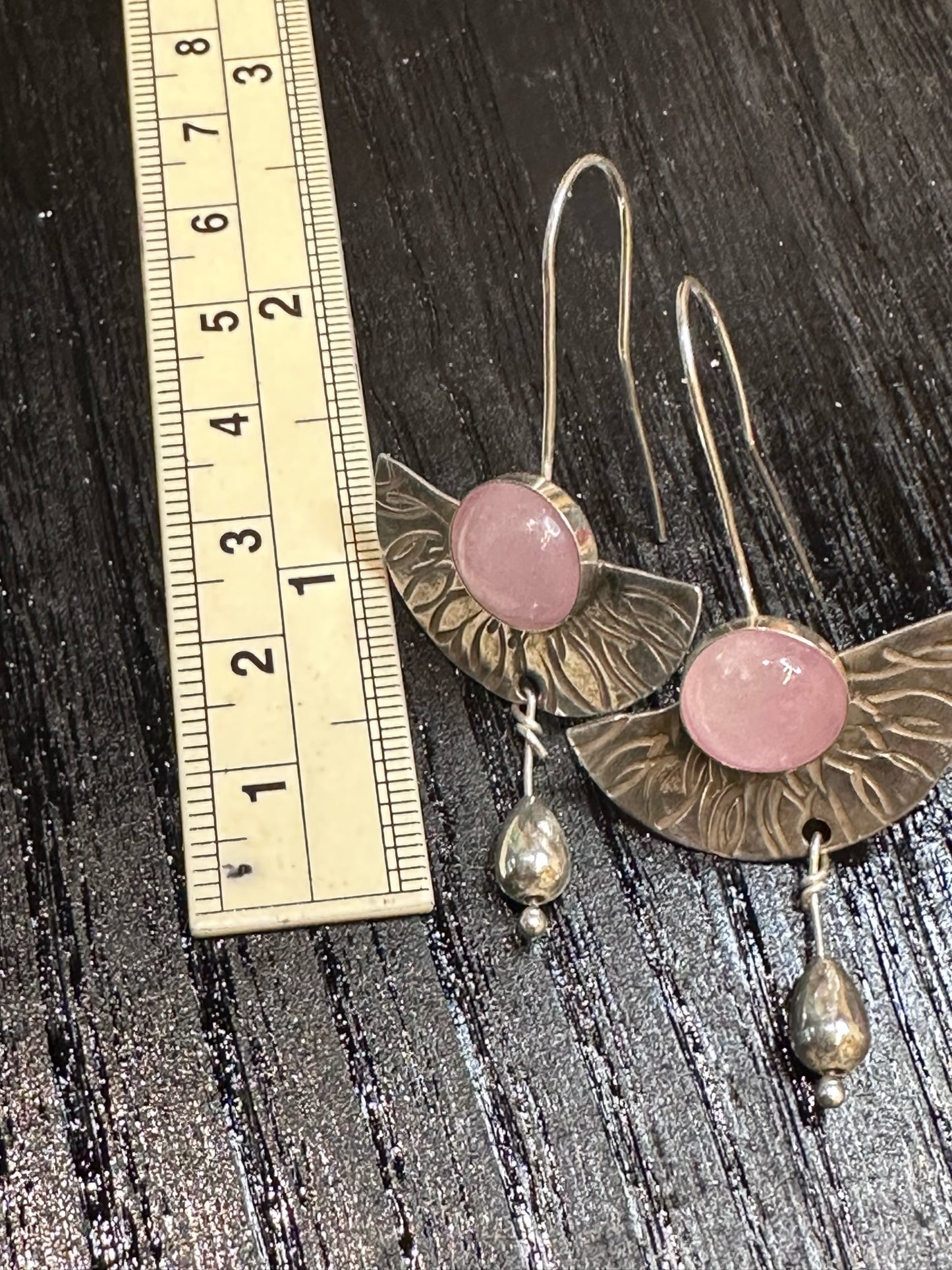 Rose Quartz - Hammered Fan Rose Quartz earrings with Silver drops