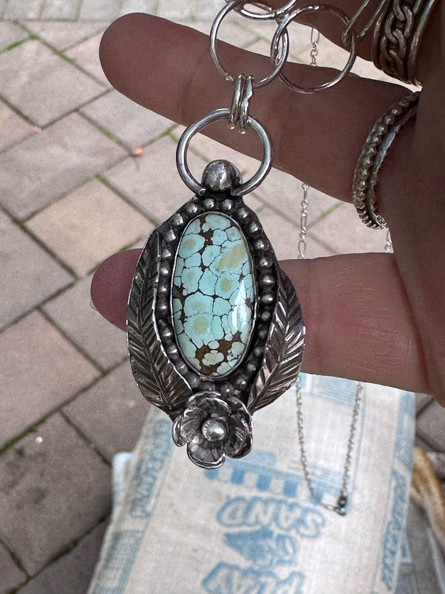 Turquoise- Beautiful Turquoise Pendant with Sterling Silver Beading, Leaves and Flower