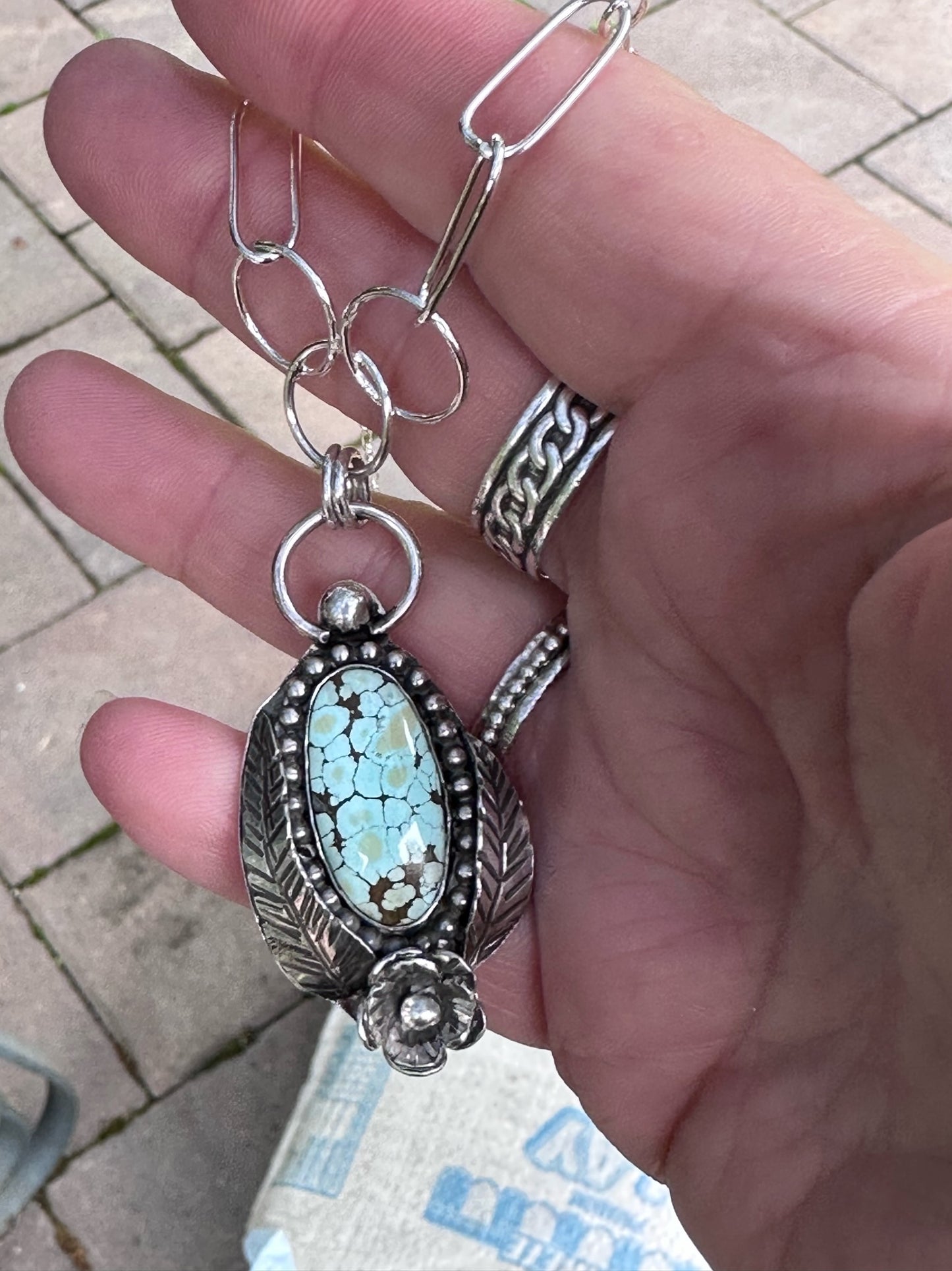 Turquoise- Beautiful Turquoise Pendant with Sterling Silver Beading, Leaves and Flower
