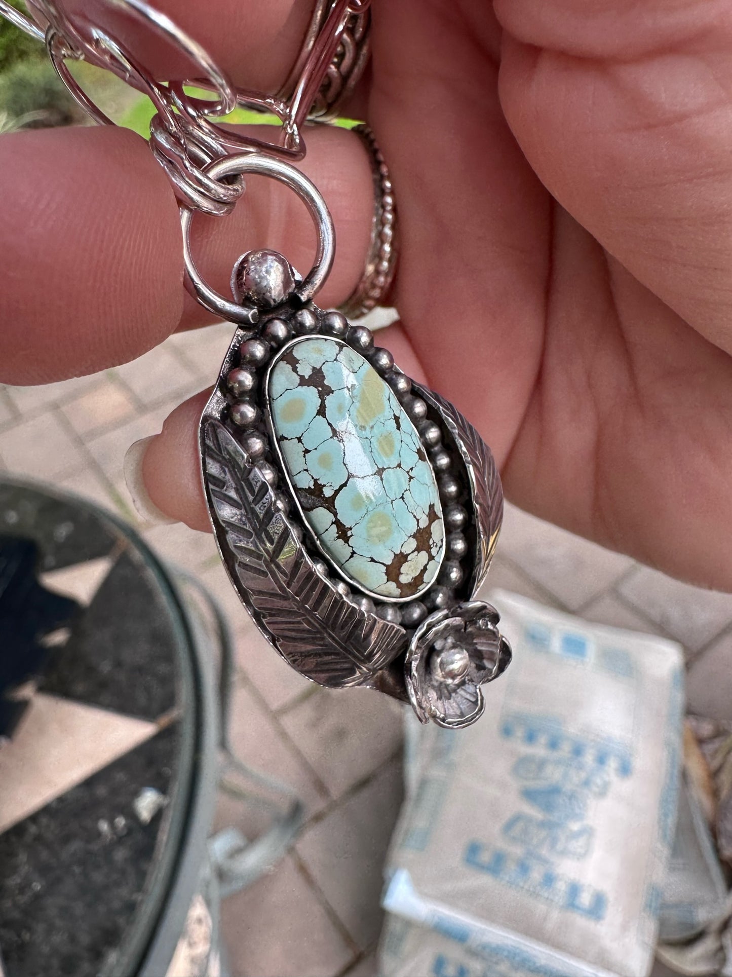 Turquoise- Beautiful Turquoise Pendant with Sterling Silver Beading, Leaves and Flower