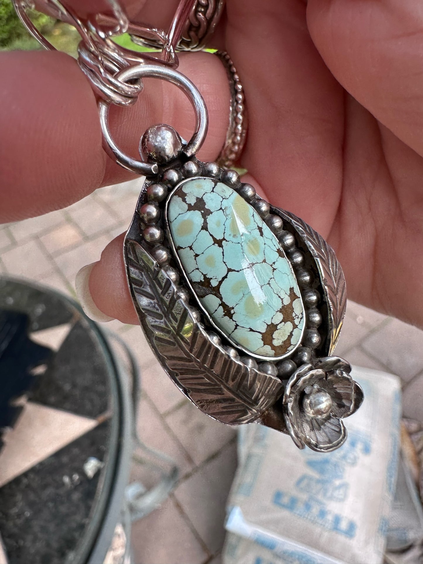 Turquoise- Beautiful Turquoise Pendant with Sterling Silver Beading, Leaves and Flower