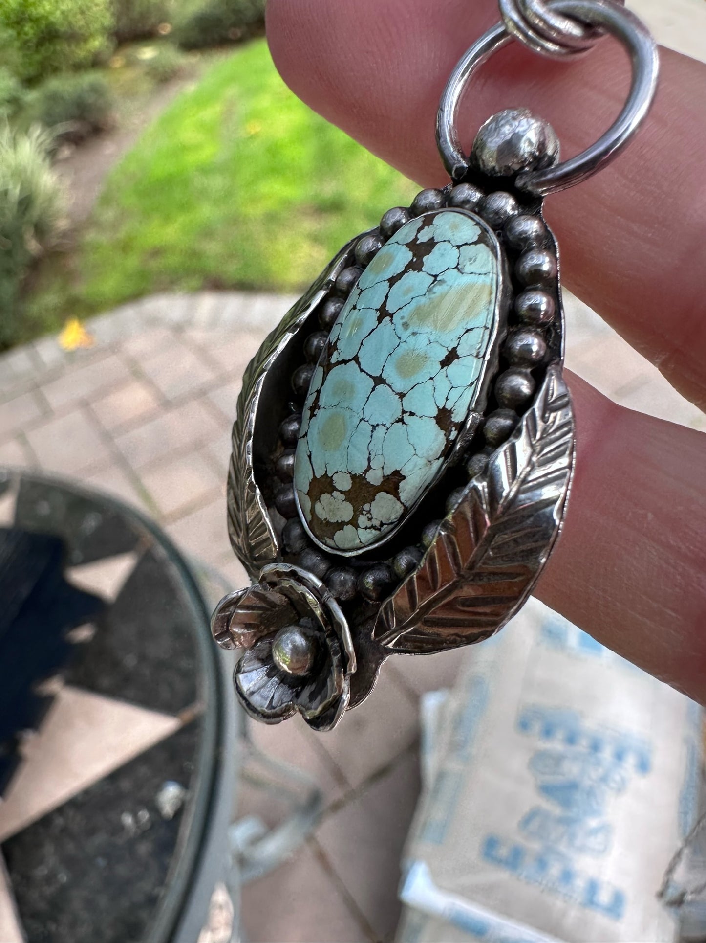 Turquoise- Beautiful Turquoise Pendant with Sterling Silver Beading, Leaves and Flower
