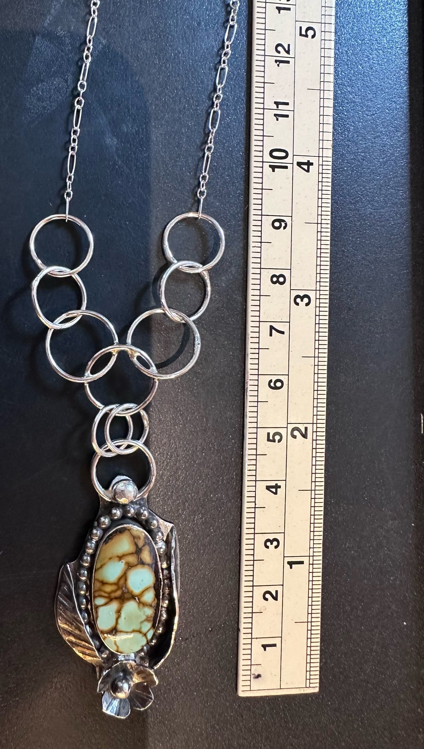Turquoise - Beautiful Turquoise Pendant with Sterling Silver Beading, Leaves and Flower