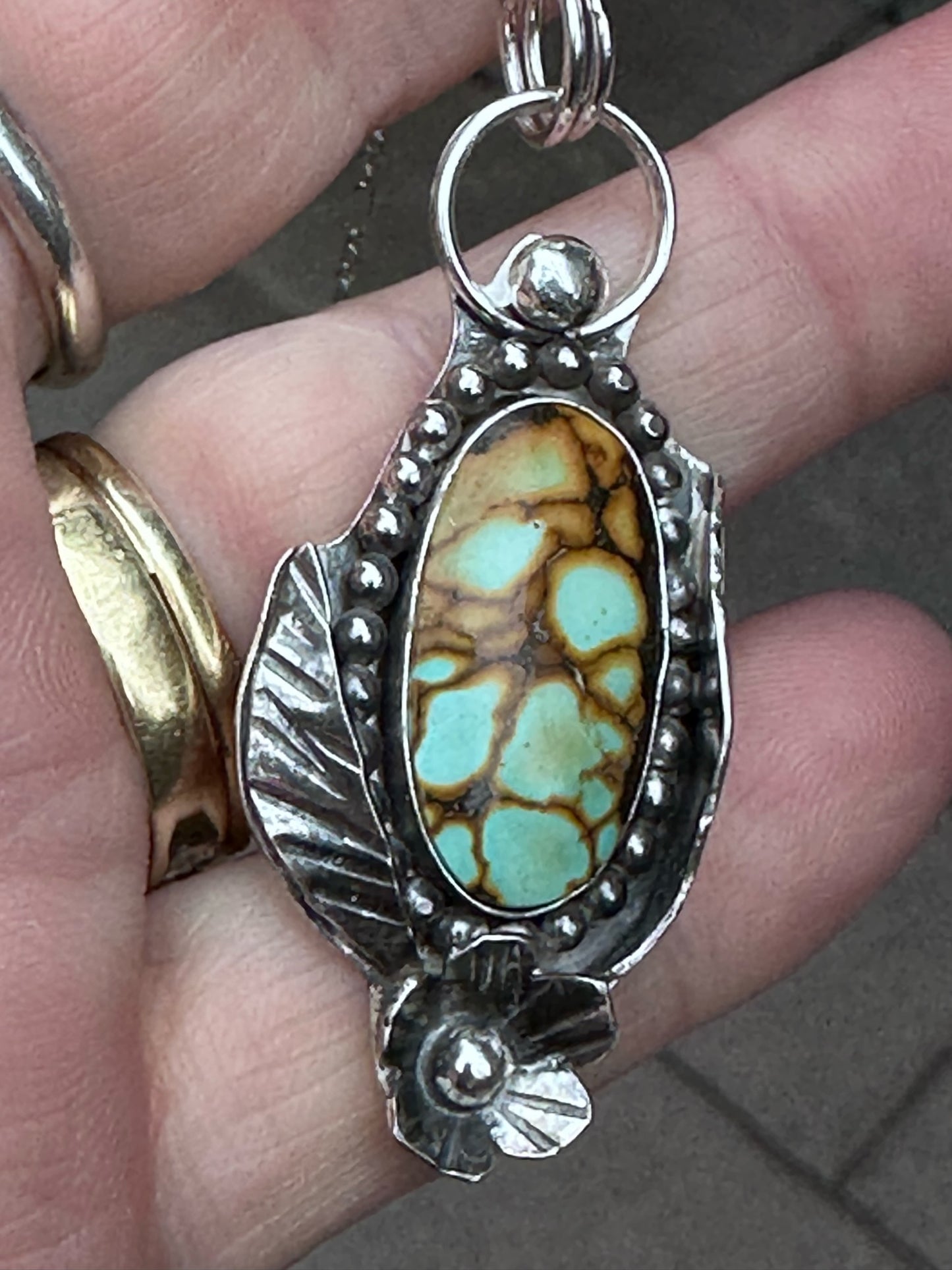 Turquoise - Beautiful Turquoise Pendant with Sterling Silver Beading, Leaves and Flower