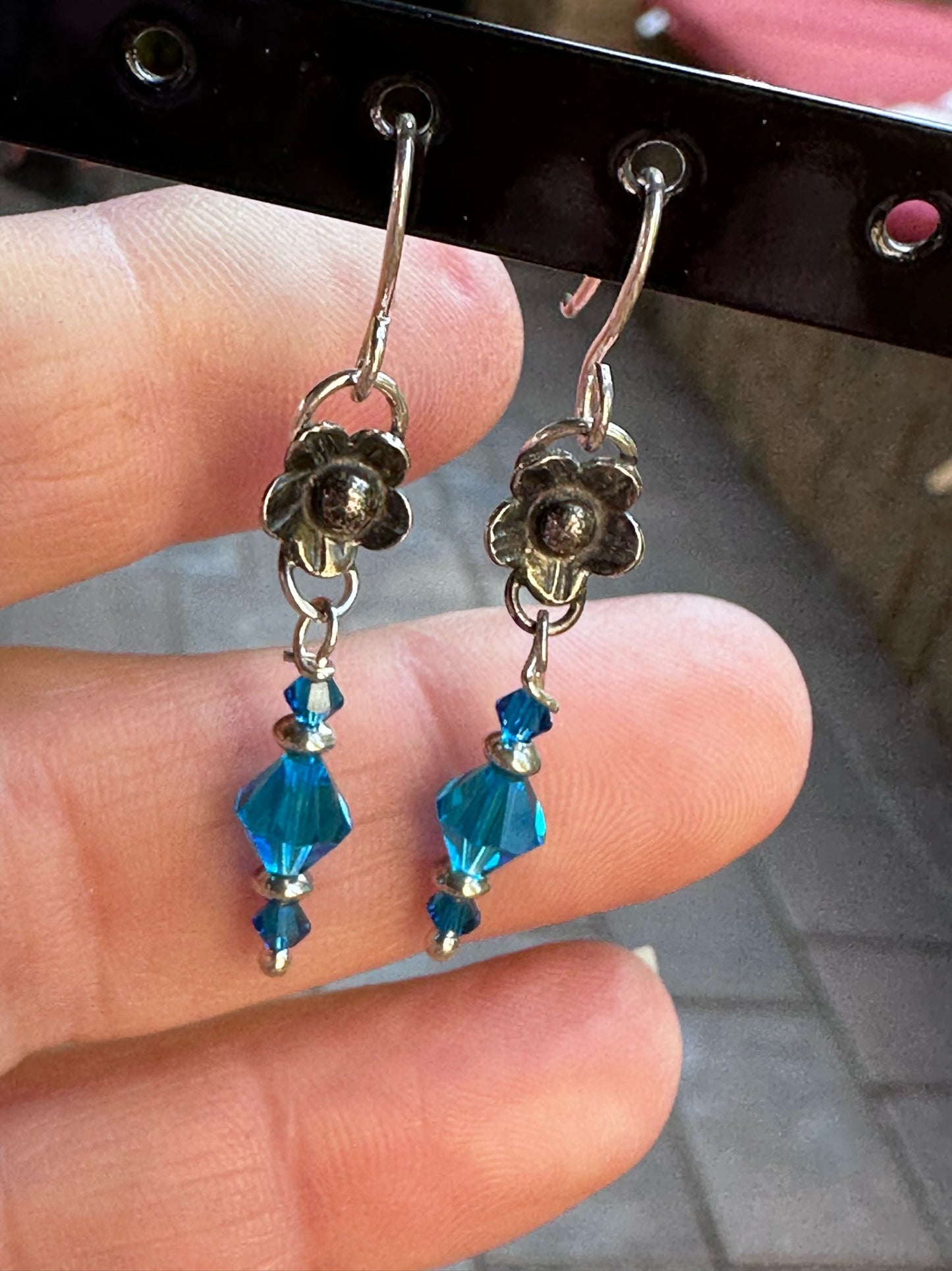 Crystal and Sterling Silver Dangle Earrings - Handmade Flower and Turquoise