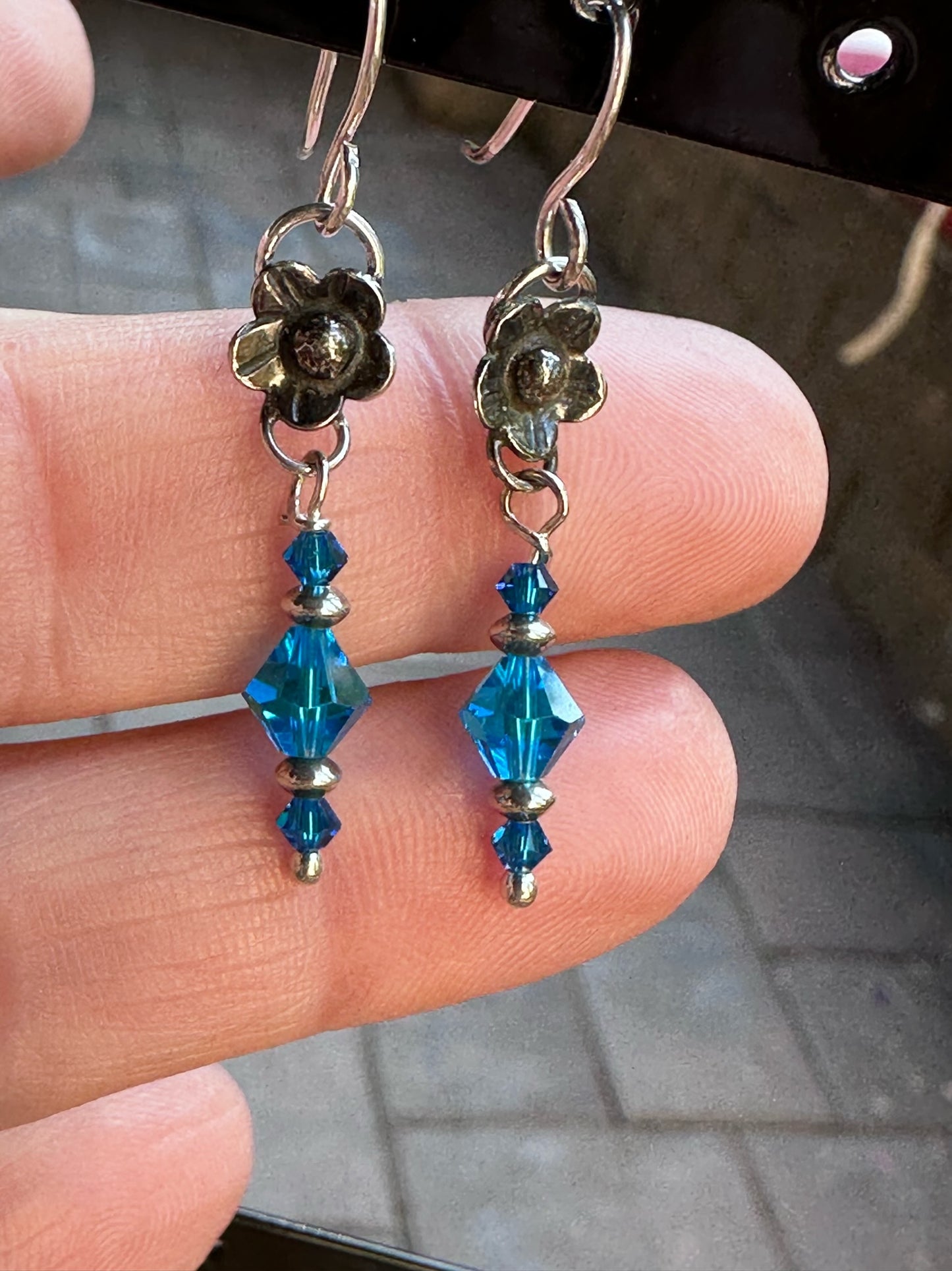 Crystal and Sterling Silver Dangle Earrings - Handmade Flower and Turquoise