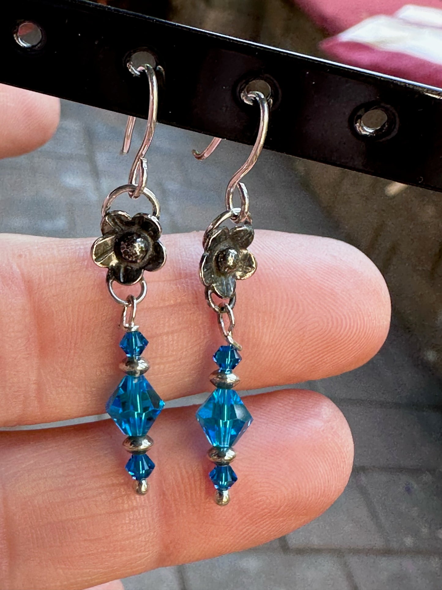 Crystal and Sterling Silver Dangle Earrings - Handmade Flower and Turquoise