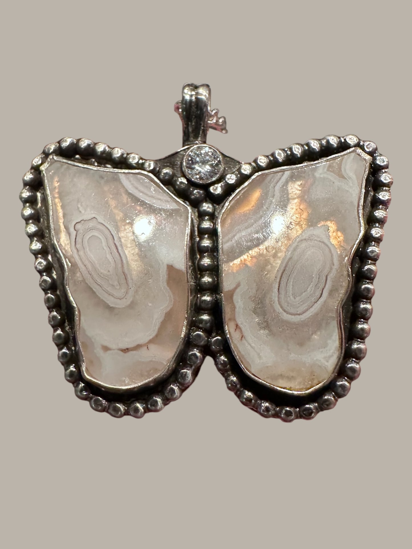 🦋 Lace Agate Butterfly Pendant – Sterling Silver Surround & Symbolic Nature Jewelry (1048)