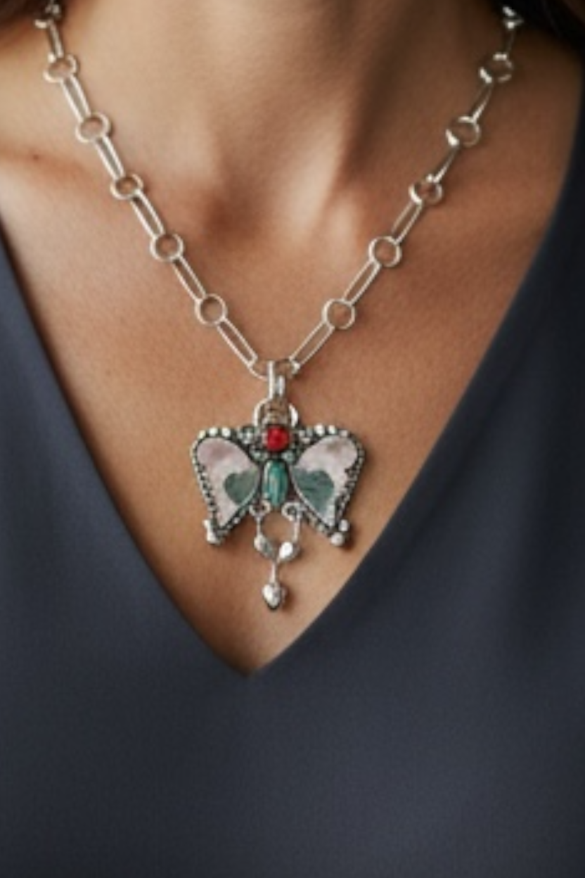 🦋 Polychrome Winged Pendant with Turquoise & Garnet