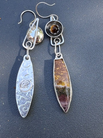 Jasper long tear drop earrings with Tigers Eye