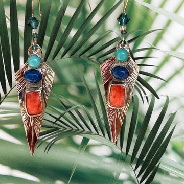 Coral, Lapis, and Turquoise- Tri Stone drop earrings