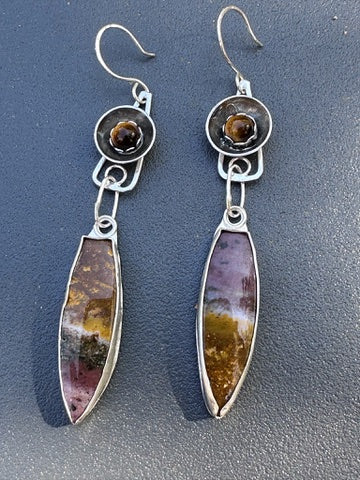 Jasper long tear drop earrings with Tigers Eye