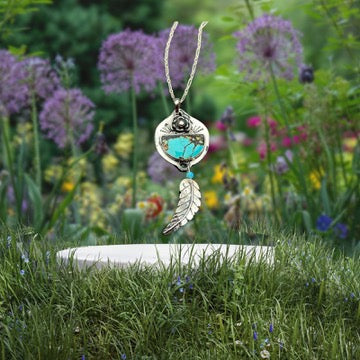 Turquoise Necklace Pendant with Rose and Feather