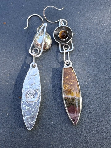 Jasper long tear drop earrings with Tigers Eye