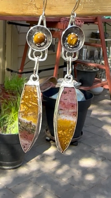 Jasper long tear drop earrings with Tigers Eye