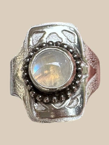 Custom Sterling Silver Saddle Ring with round Moonstone - SIZE 11