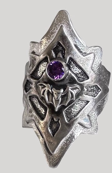 Custom Sterling Silver Saddle Ring with Sterling Bat and CZ - SIZE 9 1/2